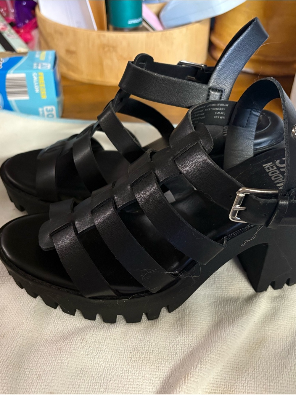 Black Strappy Chunky Heel Sandals with Buckle - Women